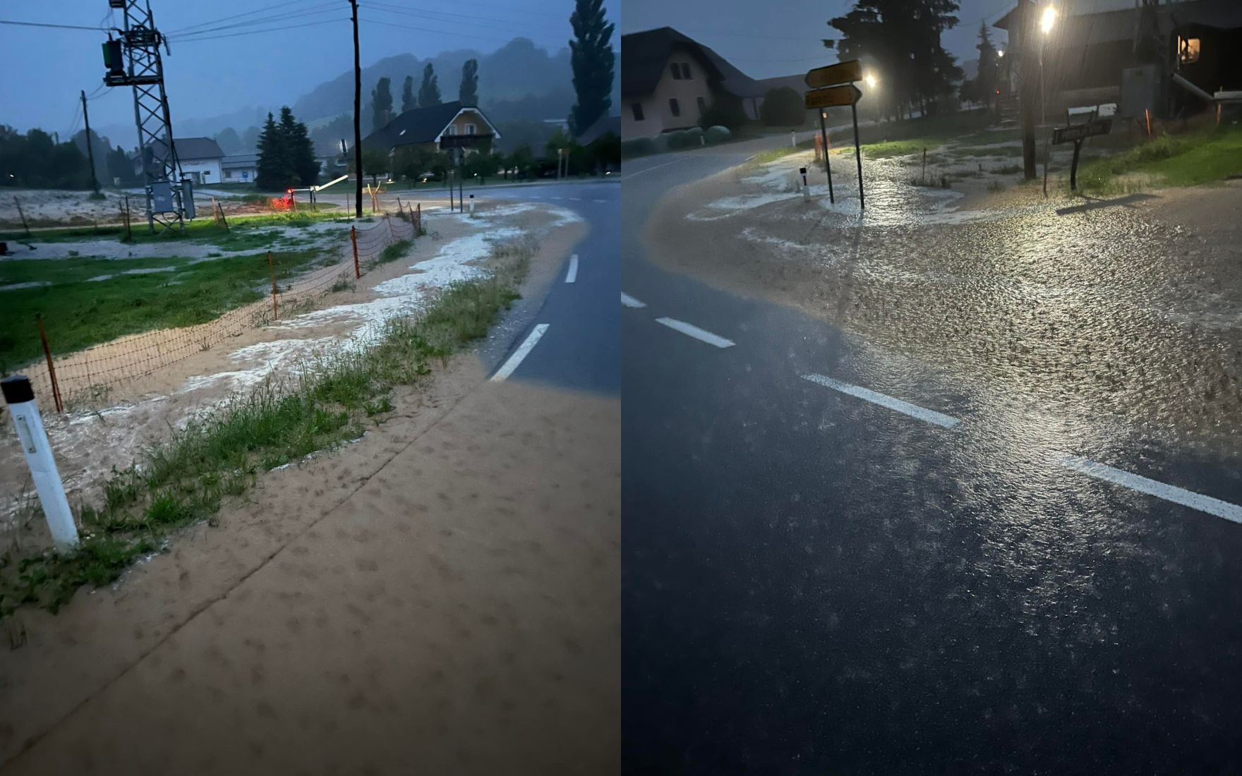 FOTO Močno deževje poplavilo številne ceste in kleti padala tudi toča