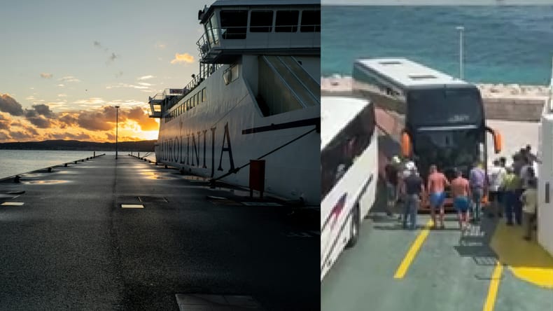 VIDEO: Dvonadstropni avtobus obstal na rampi trajekta, potniki ga skušali premakniti z zibanjem