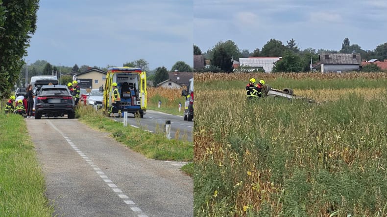 FOTO in VIDEO: Hudo trčenje v bližini Murske Sobote, avtomobil pristal na strehi, cesta popolnoma zaprta