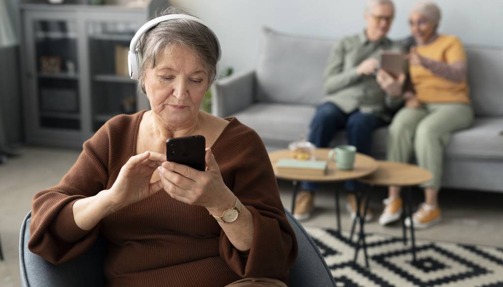 Dom starejših z novim prenosnim telefonom za lažji stik s stanovalci