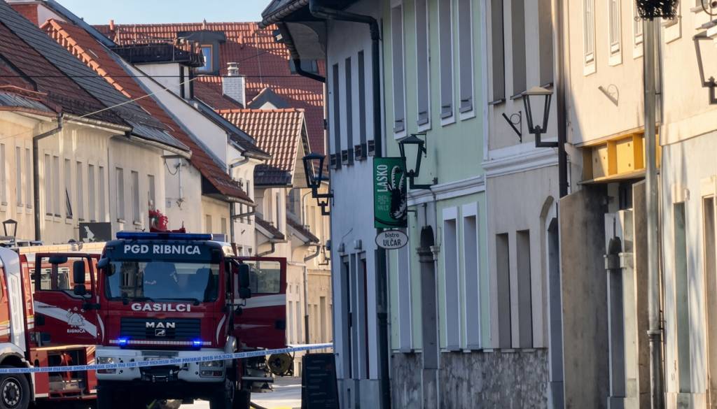 Požar v restavraciji na Škrabčevem trgu v Ribnici: ogenj zajel kuhinjo in del ostrešja