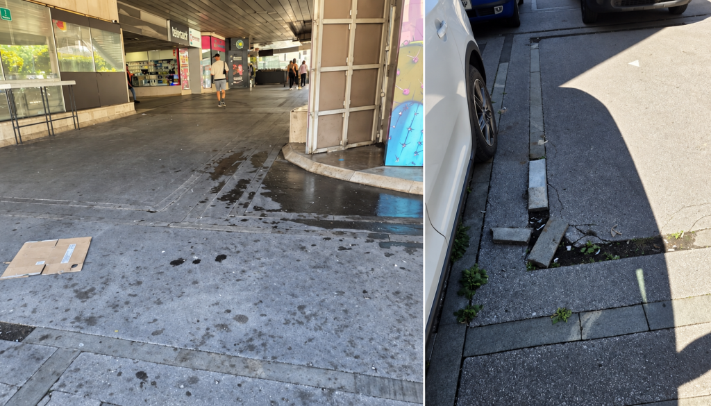 Poškodovane plošče, smeti in vonj po urinu. To je nemarnost sredi mesta