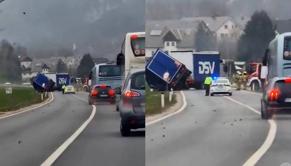 IZREDNA NOVICA: Močan veter prevrnil na Gorenjskem prevrnil tovorno vozilo