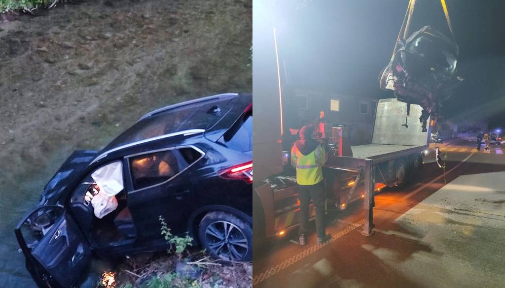 Nesreča v Brestanici: Zapeljal s ceste in končal v potoku, gasilci iz vozila rešili poškodovano osebo