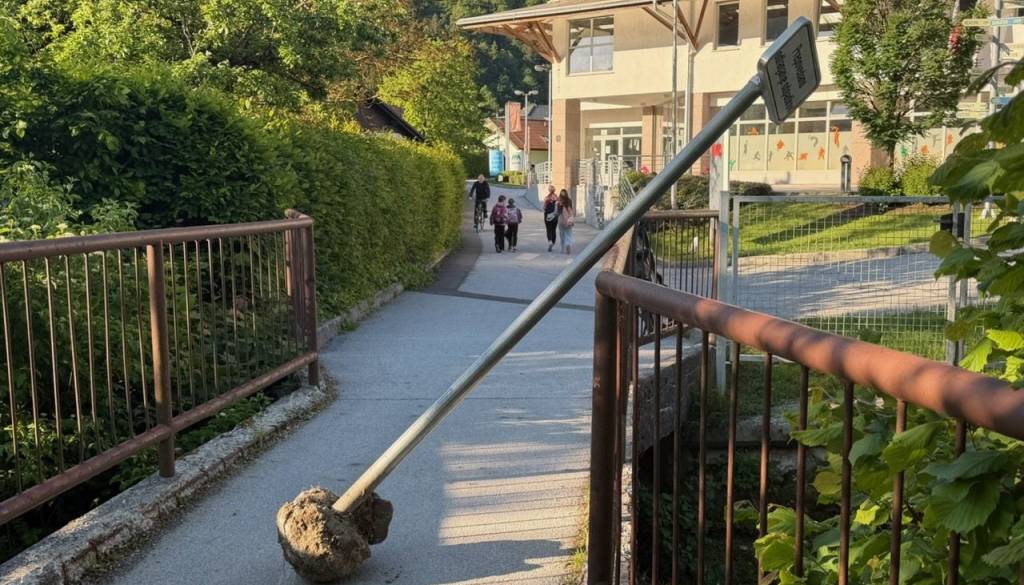 Vandalizem pri športni dvorani: Neznanec izruval prometni znak in ga pustil sredi ceste