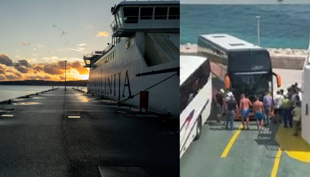 VIDEO: Dvonadstropni avtobus obstal na rampi trajekta, potniki ga skušali premakniti z zibanjem