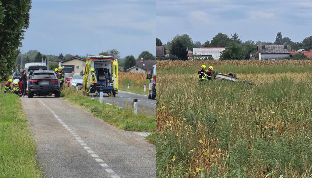 FOTO in VIDEO: Hudo trčenje v bližini Murske Sobote, avtomobil pristal na strehi, cesta popolnoma zaprta