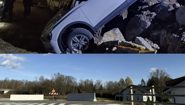 FOTO: V kratkem času (vsaj) dva voznika pri kočevskem krožišču končala v skalah, nevaren izvoz sedaj urejen