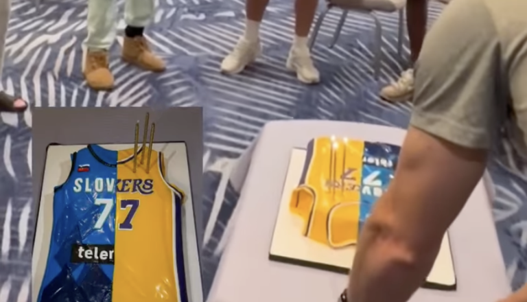 VIDEO: Dončić dobil torto, ki je združila Slovenijo in Lakerse