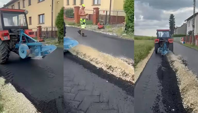 VIDEO: Kmet s traktorjem preoral sveže asfaltirano cesto, ker naj bi ta potekala po njegovem zemljišču