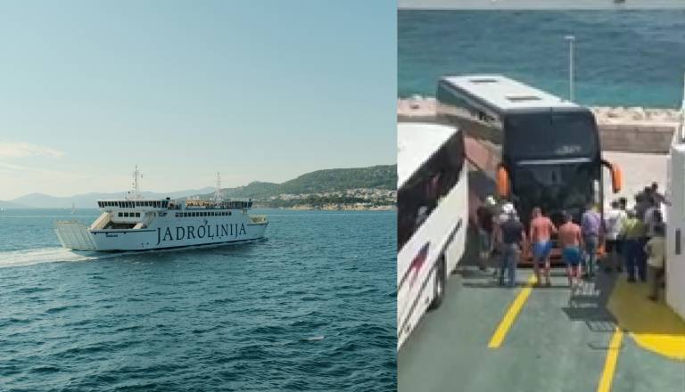VIDEO: Dvonadstropni avtobus obtičal na trajektu za Korčulo, potniki ga skušali premakniti z zibanjem