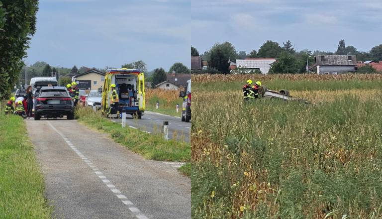 FOTO in VIDEO: Hudo trčenje v bližini Murske Sobote, avtomobil pristal na strehi, cesta popolnoma zaprta