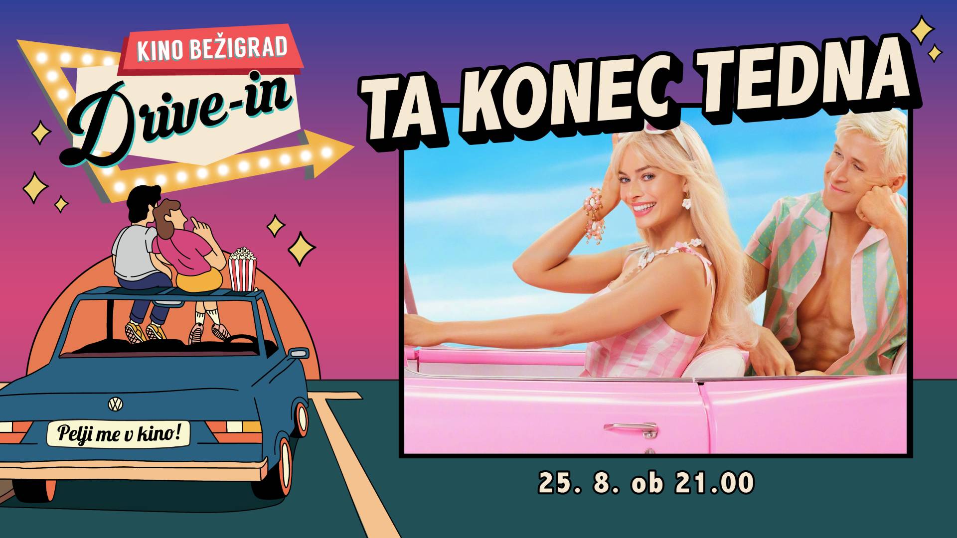 DRIVE-IN KINO na parkirišču Centra Vič. V petek, 25. 8. ob 21.00 je na sporedu Barbie.