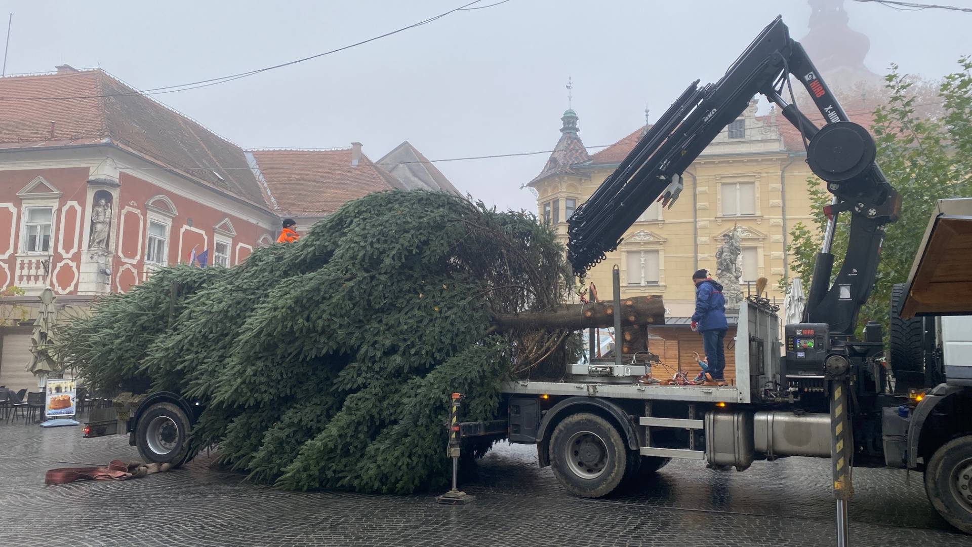 FOTO in VIDEO: Priprave na Advent se nadaljujejo, na Mestni trg pripeljali smreko