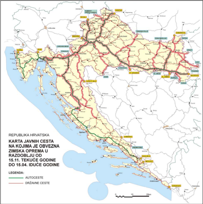 Ceste na Hrvaškem, kjer je zimska oprema obvezna
