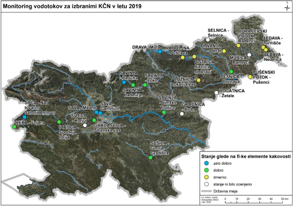 Ekološko stanje na podlagi splošnih fizikalno-kemijskih elementov kakovosti na vzorčnih mestih za spremljanje vpliva komunalne odpadne vode na ekološko stanje vodotokov v letu 2019.