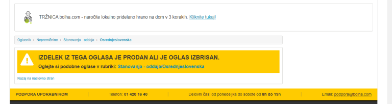 Oglasa za stanovanje na Bolhi ni več mogoče najti. 