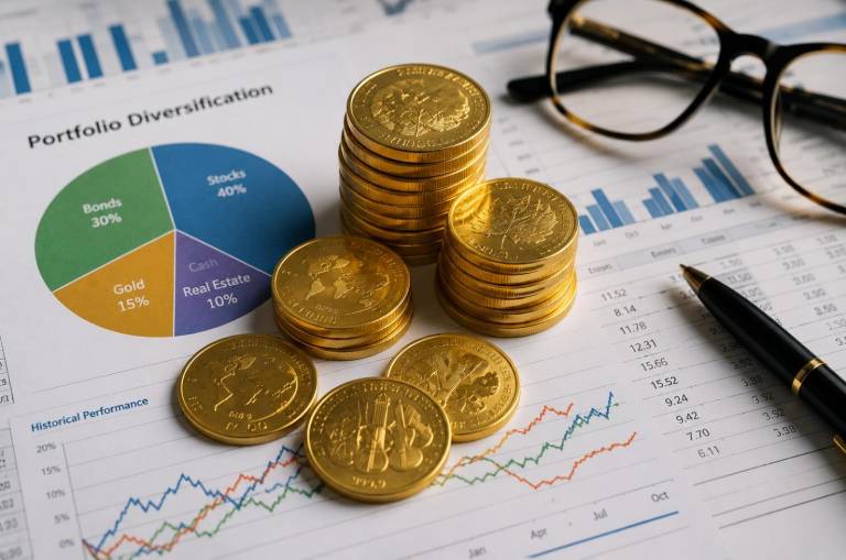 Zlati kovanci ob finančnih dokumentih kot prikaz naložbene diverzifikacije.