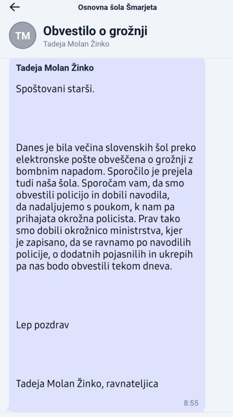 Sporočilo s strani šole